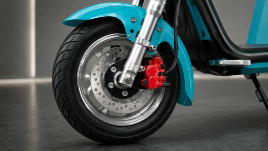 Freio a disco com pinça vermelha na roda da scooter elétrica.