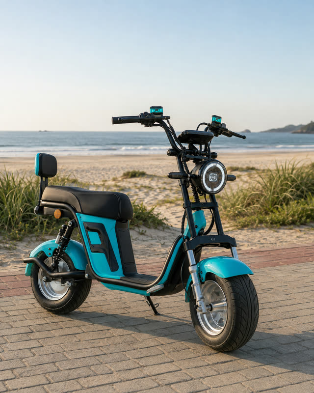 Scooter elétrica X12 azul turquesa parada no calçadão da beira-mar no fim da tarde, com a praia e o mar ao fundo.