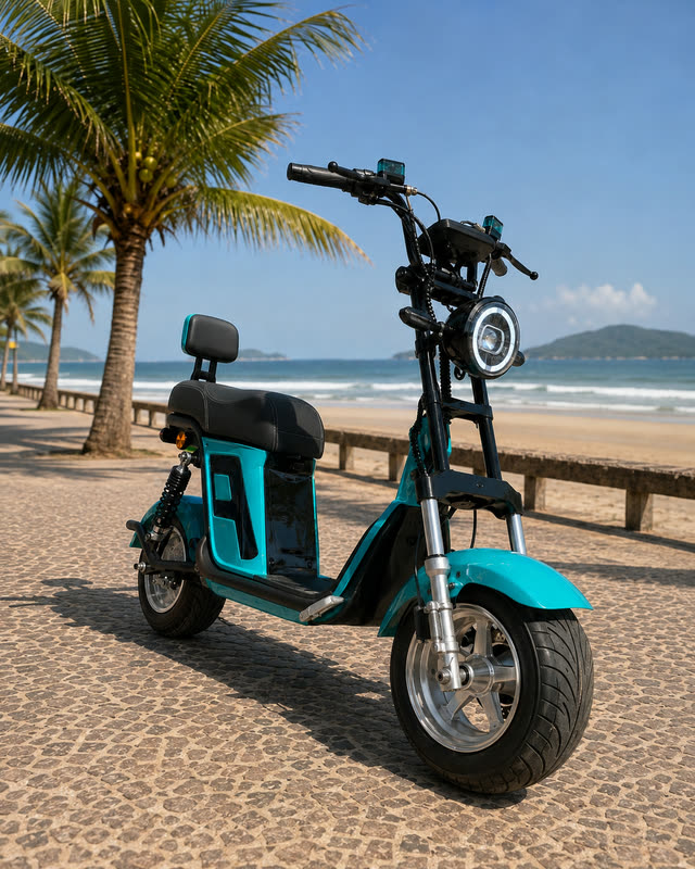 Scooter elétrica X12 azul turquesa no calçadão entre coqueiros, em dia de sol, com o mar ao fundo.
