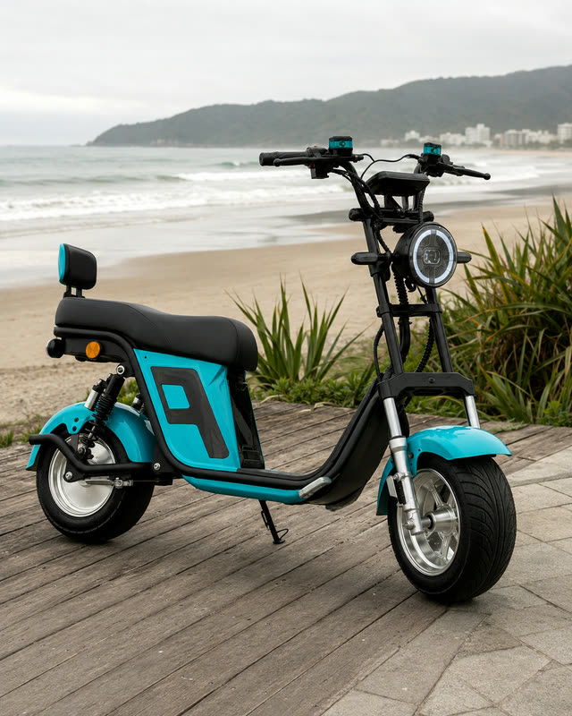 Scooter elétrica X12 azul turquesa sobre um deck de madeira à beira da praia, em dia nublado.