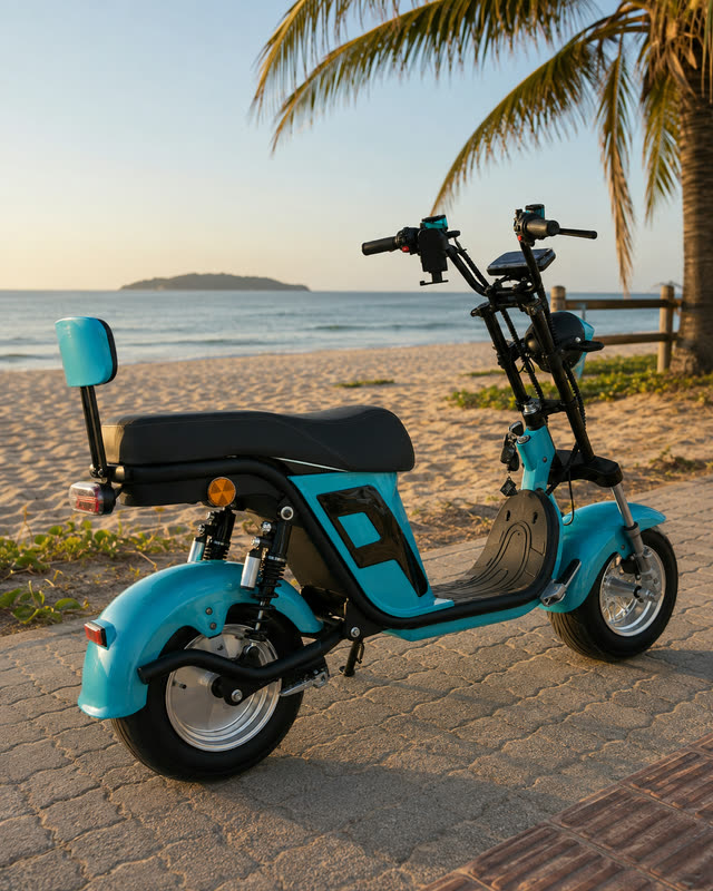 Vista traseira em três quartos da scooter elétrica X12 ao pôr do sol, mostrando o banco largo com encosto e a suspensão dupla.