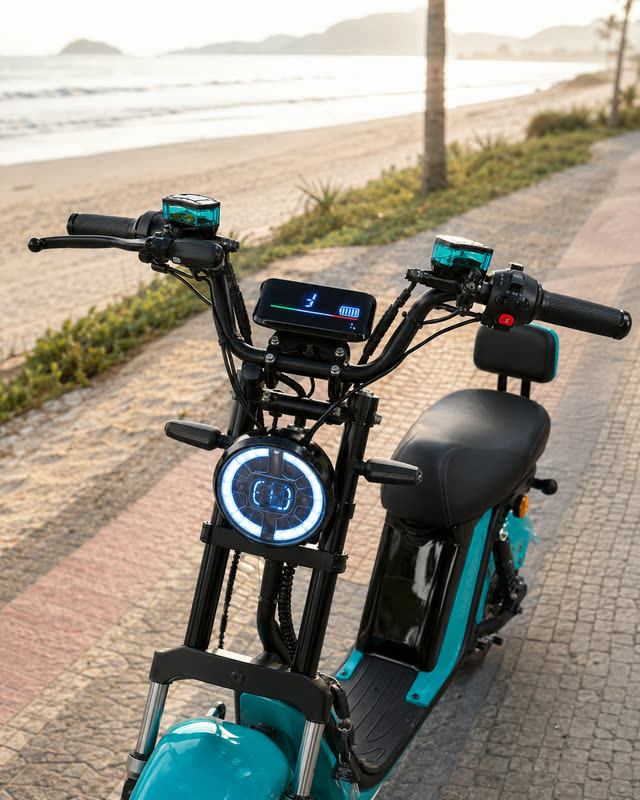 Ponto de vista de quem pilota a scooter elétrica X12: guidão, painel digital aceso e o calçadão da praia à frente.